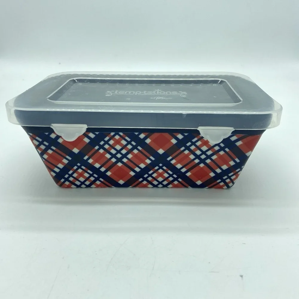 Temp-Tations By Tara‎ 12 Ounce Mini Loaf Dish Red/White/Blue Plaid With Lid